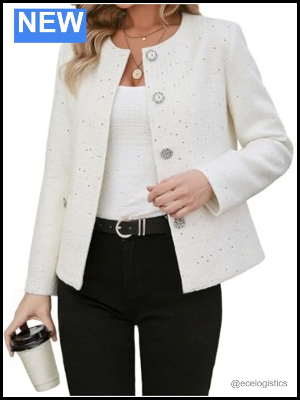 Women's Tweed Sequin Blazer Jacket Cropped Sparkly Casual Long Sleeve Work